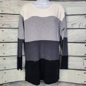 Vince Camuto Large Colorblock Knit Hoodie Sweater Brown Beige Gray Stripe Pullov